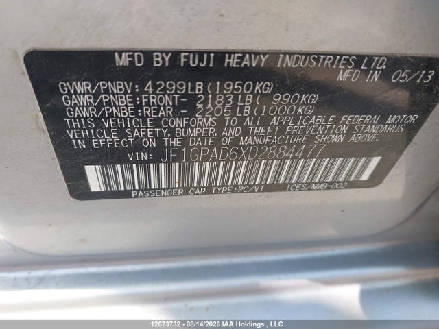 Aukcja sprzedaży 2013 Subaru Impreza, vin: JF1GPAD6XD2884477, numer aukcji: 12673732