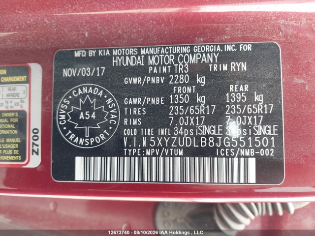 5XYZUDLB8JG551501 Hyundai SANTA FE SPORT
