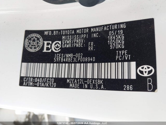 Aukcja sprzedaży 2020 Toyota Corolla, vin: 5YFB4RBE3LP008940, numer aukcji: 12673745