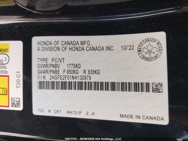 2HGFE2F51NH130979 Honda Civic Sport