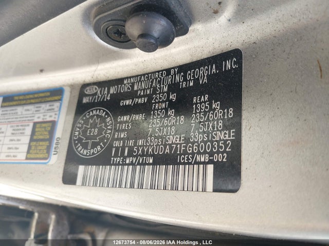 Продажа на аукционе авто 2015 Kia Sorento Ex, vin: 5XYKUDA71FG600352, номер лота: 12673754