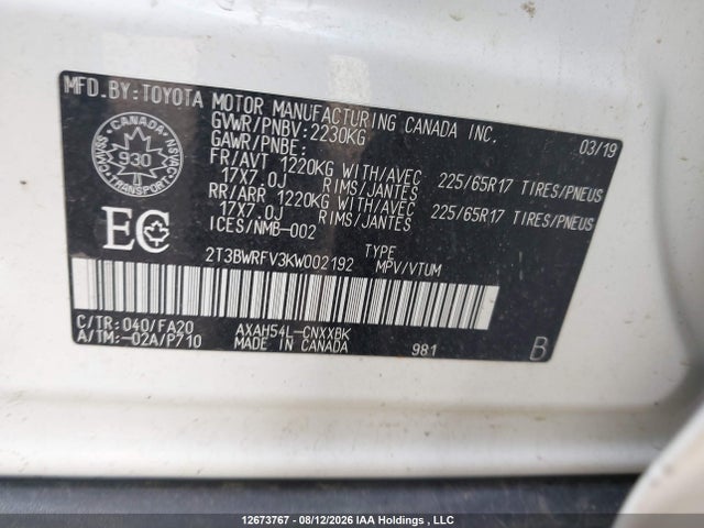 12673767 :رقم المزاد ، 2T3BWRFV3KW002192 vin ، 2019 Toyota Rav4 Hybrid مزاد بيع