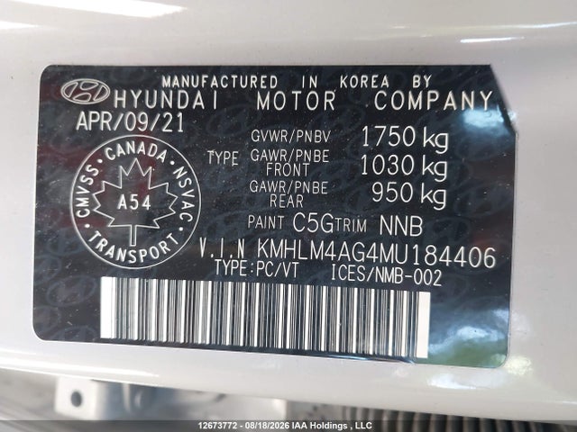 12673772 :رقم المزاد ، KMHLM4AG4MU184406 vin ، 2021 Hyundai Elantra Preferred Ivt مزاد بيع