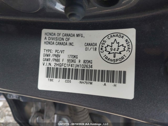 12673778 :رقم المزاد ، 2HGFC1F41JH102634 vin ، 2018 Honda Civic Ex-t مزاد بيع