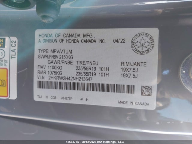 2022 Honda Cr-v Sport მანქანა იყიდება აუქციონზე, vin: 2HKRW2H42NH213647, აუქციონის ნომერი: 12673785