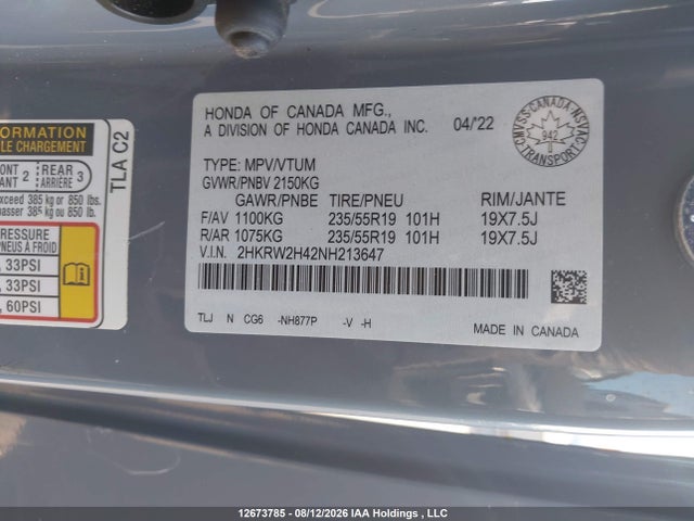 2022 Honda Cr-v Sport მანქანა იყიდება აუქციონზე, vin: 2HKRW2H42NH213647, აუქციონის ნომერი: 12673785
