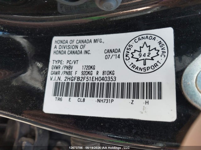 12673786 :رقم المزاد ، 2HGFB2F51EH040353 vin ، 2014 Honda Civic Lx مزاد بيع