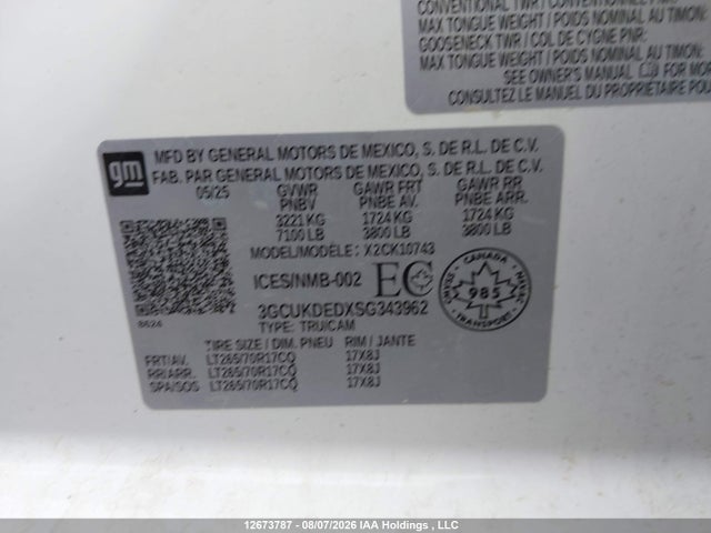 12673787 :رقم المزاد ، 3GCUKDEDXSG343962 vin ، 2025 Chevrolet Silverado K1500 Lt مزاد بيع
