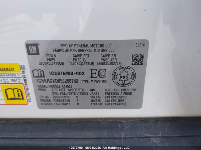 1GNKRGKD8EJ258783 Chevrolet Traverse 1lt