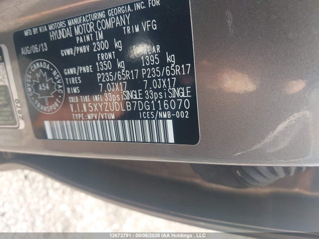 12673791 :رقم المزاد ، 5XYZUDLB7DG116070 vin ، 2013 Hyundai Santa Fe Sport مزاد بيع