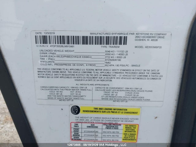 4YDF35526LM910481 Keystone keystone