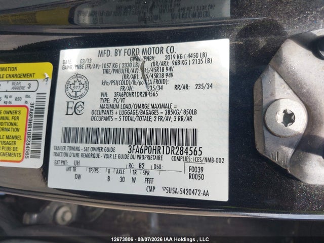 12673806 :رقم المزاد ، 3FA6P0HR1DR284565 vin ، 2013 Ford Fusion Se مزاد بيع