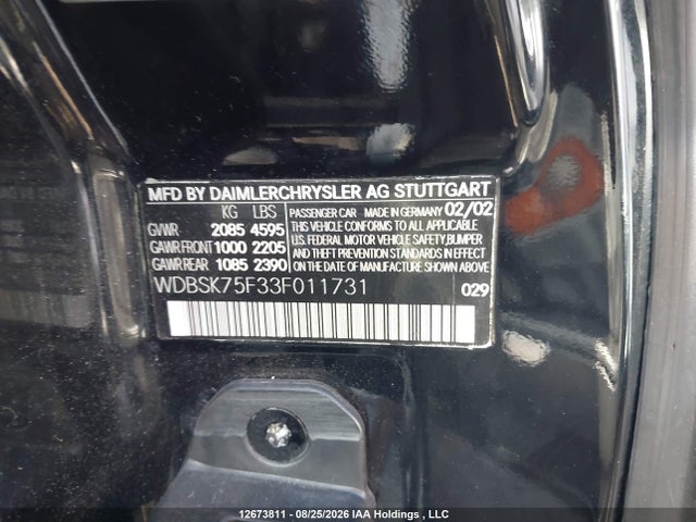 Auction sale of the 2003 Mercedes-benz Sl 500, vin: WDBSK75F33F011731, lot number: 12673811