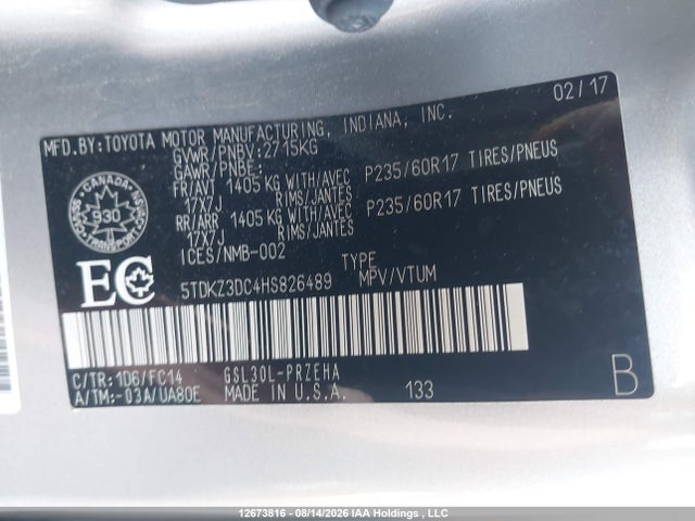 12673816 :رقم المزاد ، 5TDKZ3DC4HS826489 vin ، 2017 Toyota Sienna Le V6 مزاد بيع