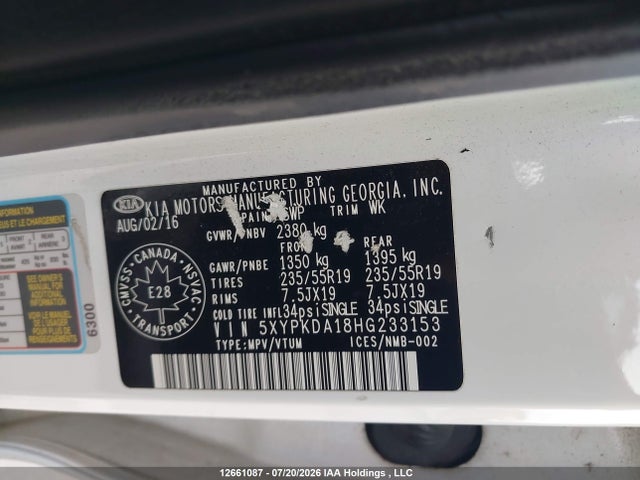 Aukcja sprzedaży 2017 Kia Sorento 2.0l Sx, vin: 5XYPKDA18HG233153, numer aukcji: 12661087
