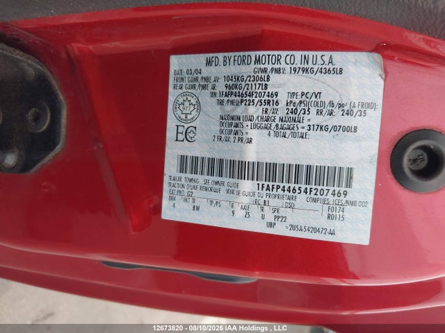 Aukcja sprzedaży 2004 Ford Mustang, vin: 1FAFP44654F207469, numer aukcji: 12673820