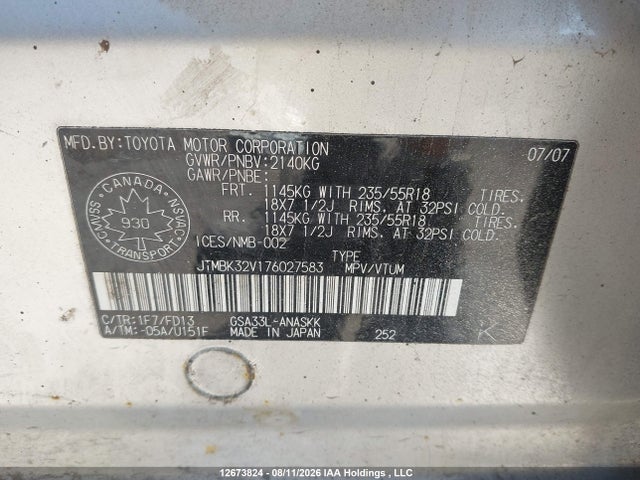 Aukcja sprzedaży 2007 Toyota Rav4, vin: JTMBK32V176027583, numer aukcji: 12673824