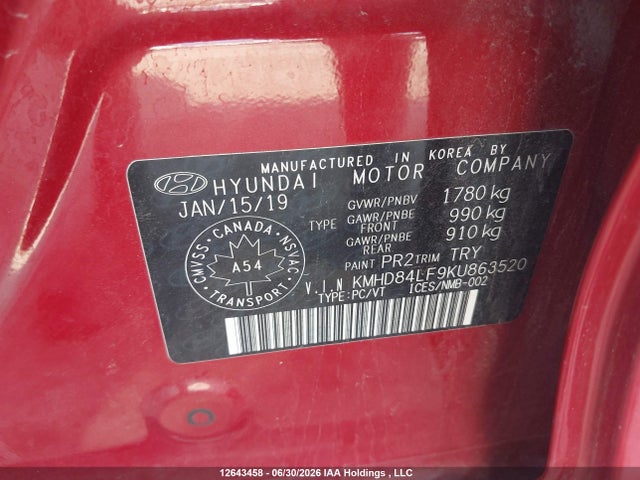 Продажа на аукционе авто 2019 Hyundai Elantra Preferred, vin: KMHD84LF9KU863520, номер лота: 12643458
