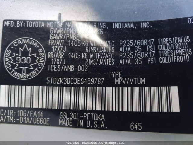 Aukcja sprzedaży 2014 Toyota Sienna, vin: 5TDZK3DC3ES469787, numer aukcji: 12673826