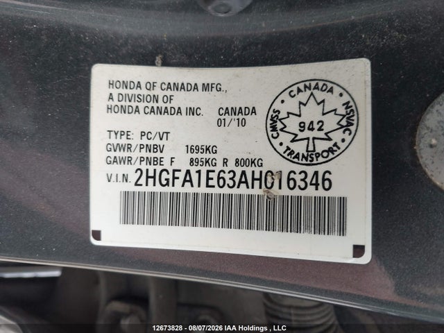 12673828 :رقم المزاد ، 2HGFA1E63AH016346 vin ، 2010 Honda Civic Lx-s مزاد بيع