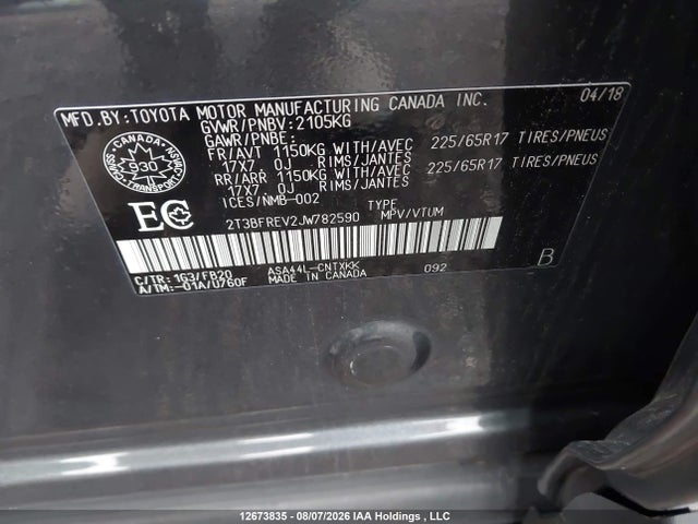 2T3BFREV2JW782590 Toyota RAV4 LE
