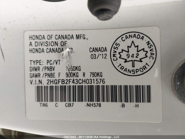 Продаж на аукціоні авто 2012 Honda Civic Lx, vin: 2HGFB2F43CH031576, номер лоту: 12673842