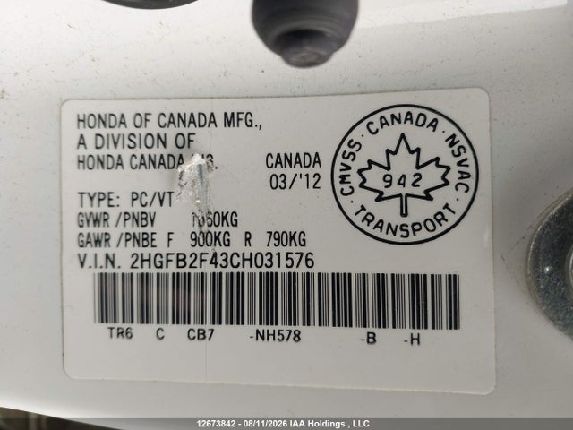 Продаж на аукціоні авто 2012 Honda Civic Lx, vin: 2HGFB2F43CH031576, номер лоту: 12673842