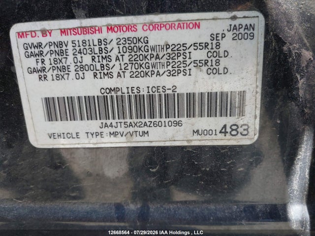 2010 Mitsubishi Outlander Gt მანქანა იყიდება აუქციონზე, vin: JA4JT5AX2AZ601096, აუქციონის ნომერი: 12668564