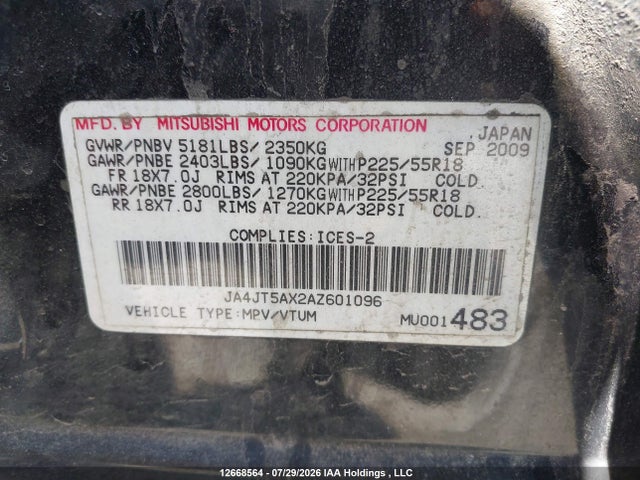 2010 Mitsubishi Outlander Gt მანქანა იყიდება აუქციონზე, vin: JA4JT5AX2AZ601096, აუქციონის ნომერი: 12668564