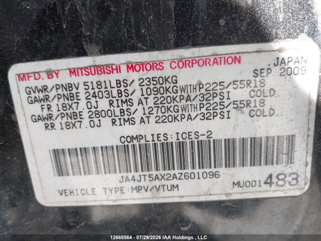 2010 Mitsubishi Outlander Gt მანქანა იყიდება აუქციონზე, vin: JA4JT5AX2AZ601096, აუქციონის ნომერი: 12668564