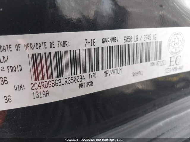 Aukcja sprzedaży 2018 Dodge Grand Caravan Cvp/sxt, vin: 2C4RDGBG3JR350034, numer aukcji: 12639531