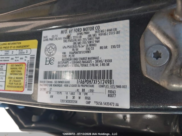 Aukcja sprzedaży 2015 Ford Fusion Se, vin: 1FA6P0H7XF5124981, numer aukcji: 12655872