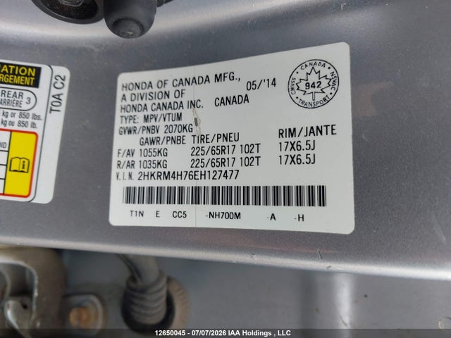 Aukcja sprzedaży 2014 Honda Cr-v Ex-l, vin: 2HKRM4H76EH127477, numer aukcji: 12650045