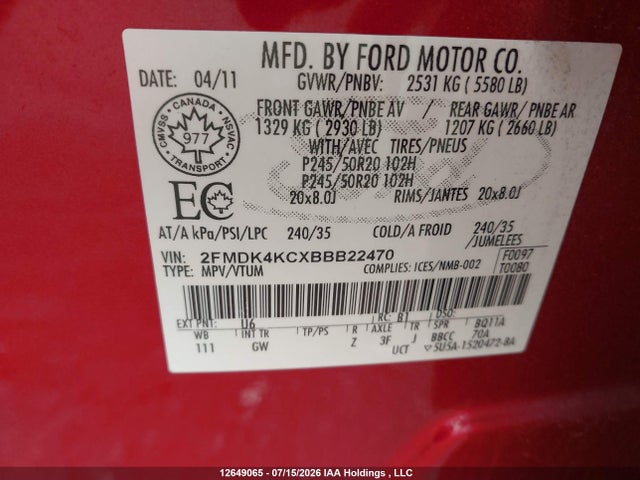 Aukcja sprzedaży 2011 Ford Edge Limited, vin: 2FMDK4KCXBBB22470, numer aukcji: 12649065