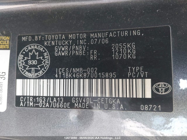 Aukcja sprzedaży 2007 Toyota Camry Le V6/se V6/xle V6, vin: 4T1BK46K87U015895, numer aukcji: 12673850