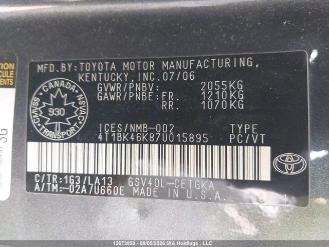 Aukcja sprzedaży 2007 Toyota Camry Le V6/se V6/xle V6, vin: 4T1BK46K87U015895, numer aukcji: 12673850