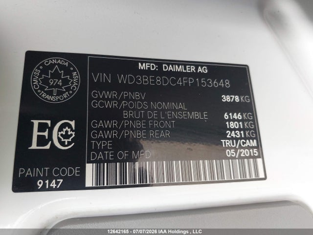 Aukcja sprzedaży 2015 Mercedes-benz Sprinter 2500 High Roof, vin: WD3BE8DC4FP153648, numer aukcji: 12642165