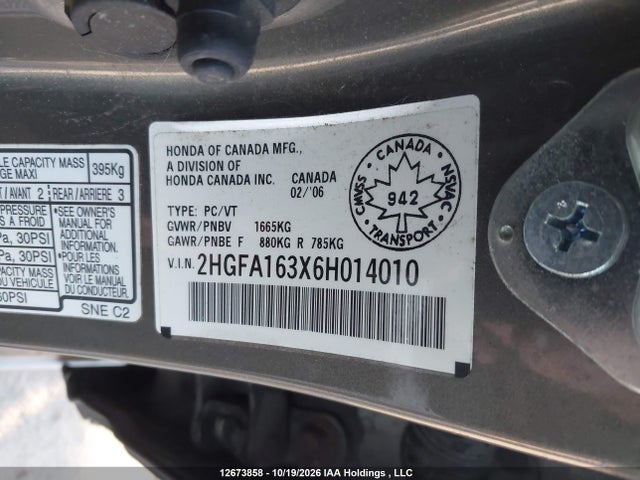 12673858 :رقم المزاد ، 2HGFA163X6H014010 vin ، 2006 Honda Civic Dx Vp مزاد بيع