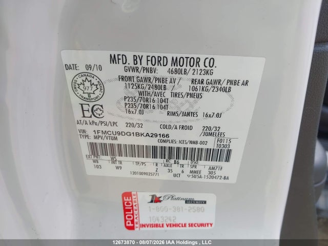 12673870 :رقم المزاد ، 1FMCU9DG1BKA29166 vin ، 2011 Ford Escape Xlt Automatic مزاد بيع