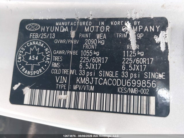 2013 Hyundai Tucson Gl მანქანა იყიდება აუქციონზე, vin: KM8JTCAC0DU699856, აუქციონის ნომერი: 12673876