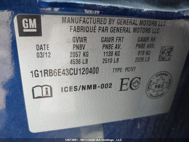 2012 Chevrolet Volt მანქანა იყიდება აუქციონზე, vin: 1G1RB6E43CU120400, აუქციონის ნომერი: 12673881