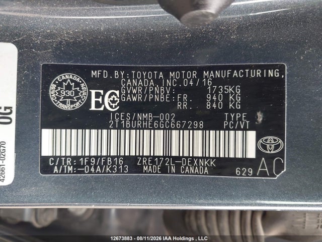 2T1BURHE6GC667298 Toyota Corolla L/le/le Pls/prm/s/s Pls