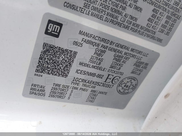 2025 Chevrolet Silverado 1500 მანქანა იყიდება აუქციონზე, vin: 1GCRKAEK0SZ301917, აუქციონის ნომერი: 12673888