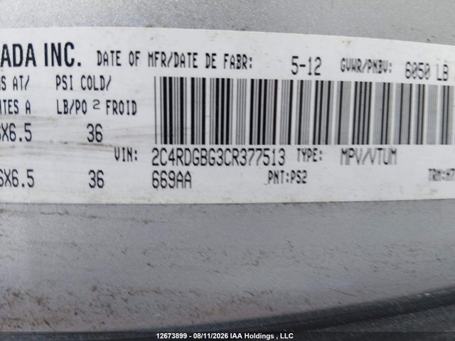 Продаж на аукціоні авто 2012 Dodge Grand Caravan Se/sxt, vin: 2C4RDGBG3CR377513, номер лоту: 12673899