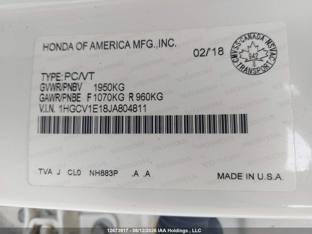 Продажа на аукционе авто 2018 Honda Accord Lx, vin: 1HGCV1E18JA804811, номер лота: 12673917