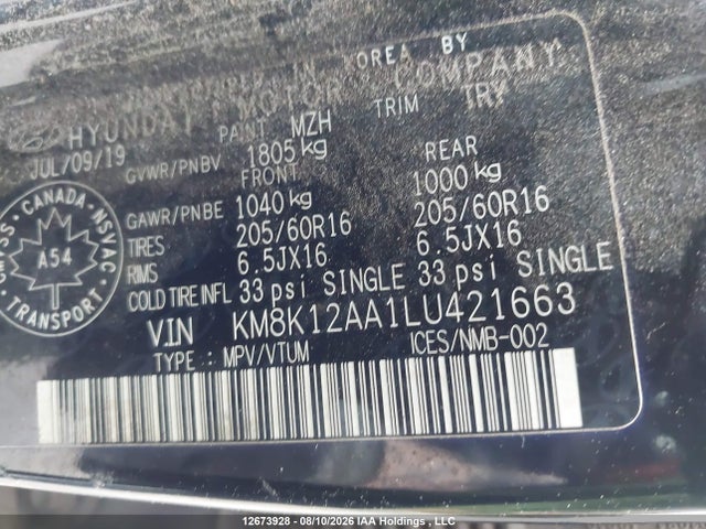 12673928 :رقم المزاد ، KM8K12AA1LU421663 vin ، 2020 Hyundai Kona Se مزاد بيع