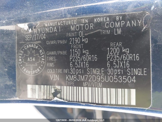 12673930 :رقم المزاد ، KM8JM72D95U053504 vin ، 2005 Hyundai Tucson Gl مزاد بيع