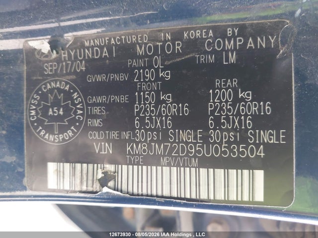 12673930 :رقم المزاد ، KM8JM72D95U053504 vin ، 2005 Hyundai Tucson Gl مزاد بيع
