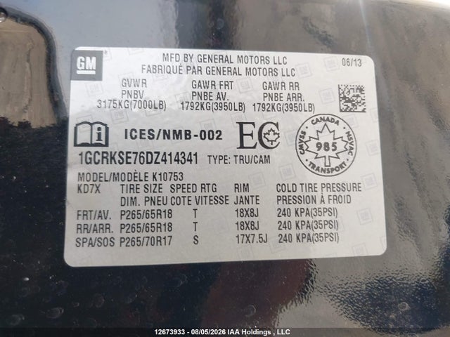 2013 Chevrolet Silverado 1500 Lt მანქანა იყიდება აუქციონზე, vin: 1GCRKSE76DZ414341, აუქციონის ნომერი: 12673933