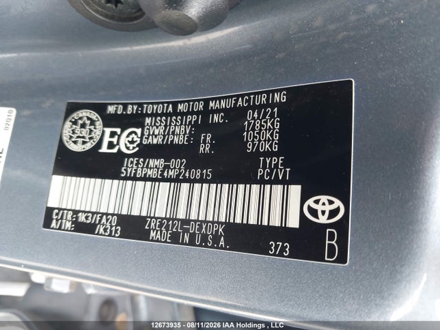 12673935 :رقم المزاد ، 5YFBPMBE4MP240815 vin ، 2021 Toyota Corolla L مزاد بيع